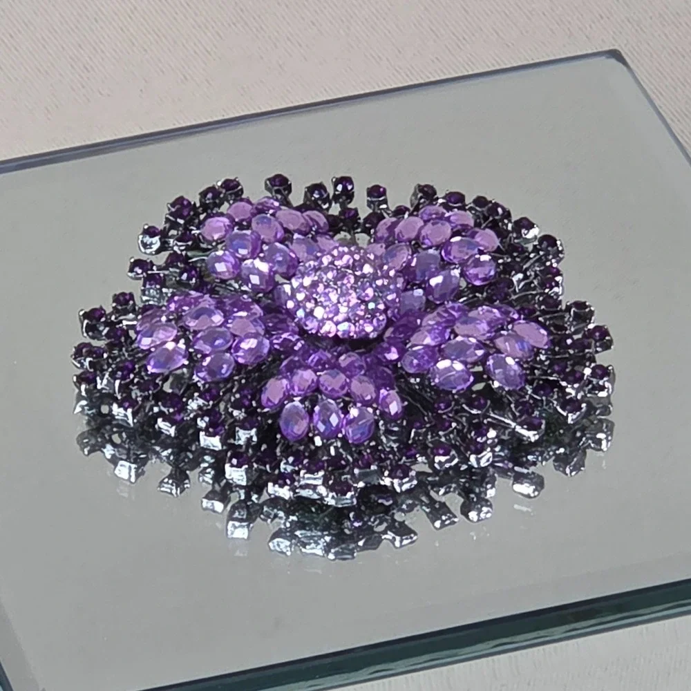 Mirrored Jewelry Box Jeweled Brooch Purple Pink Rhinestone Glam Decor 5x5 Square